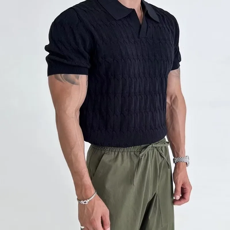 Polo jacquard à rayures pour hommes, T-shirt décontracté à col en V et à manches courtes, vêtement de luxe léger et respirant