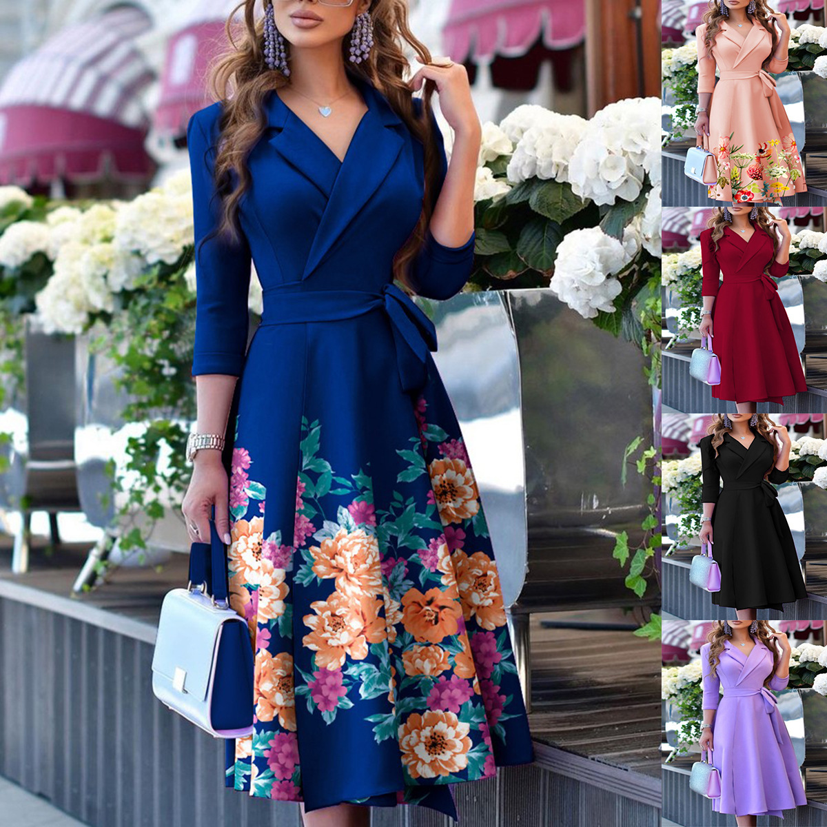 Robe à imprimé floral pour femmes, col rabattu, robes mi-longues élégantes pour dames, mode éducative