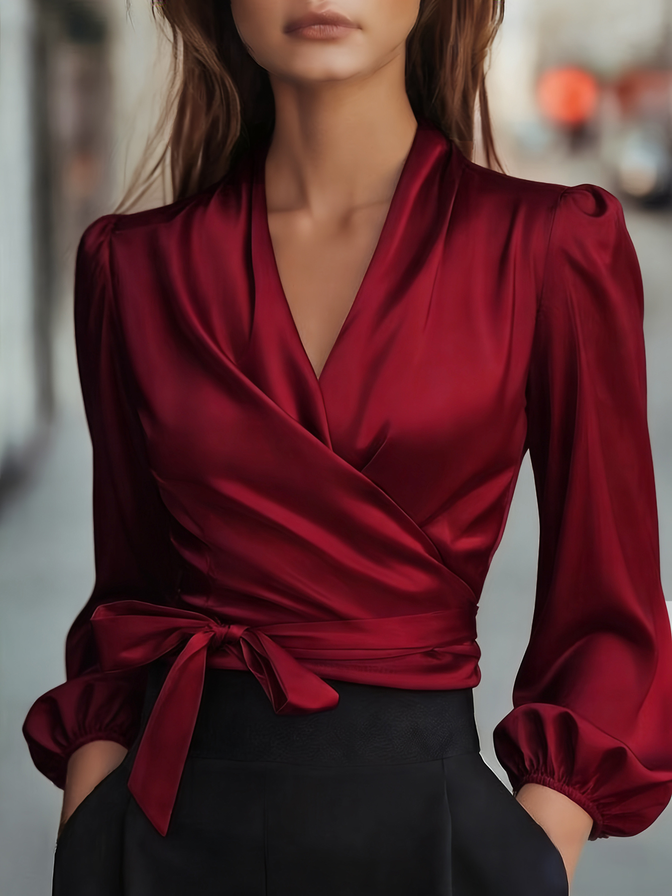 Chemisier en satin pour femme, style cache-cœur, col en V, manches longues bouffantes, taille nouée avec nœud, coupe courte