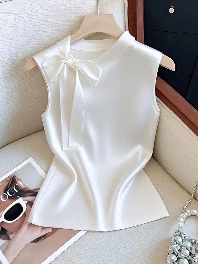 Élégant nœud noué soie Satin épaules dénudées haut sans manches femmes débardeur de base taille haute dame bureau décontracté recadrée t-shirt