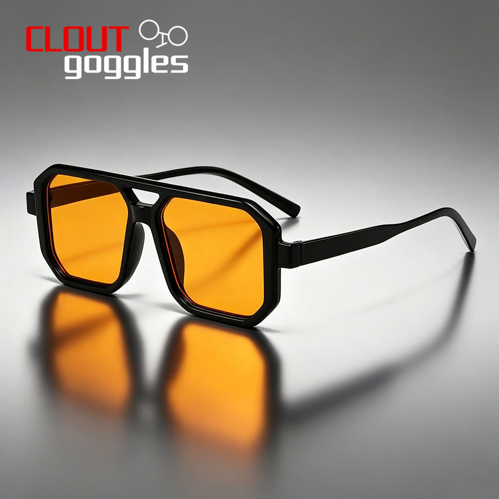 Lunettes de soleil carrées à double pont pour hommes, monture noire rétro, verres teintés orange, protection UV400, mode, plage, conduite, unisexe