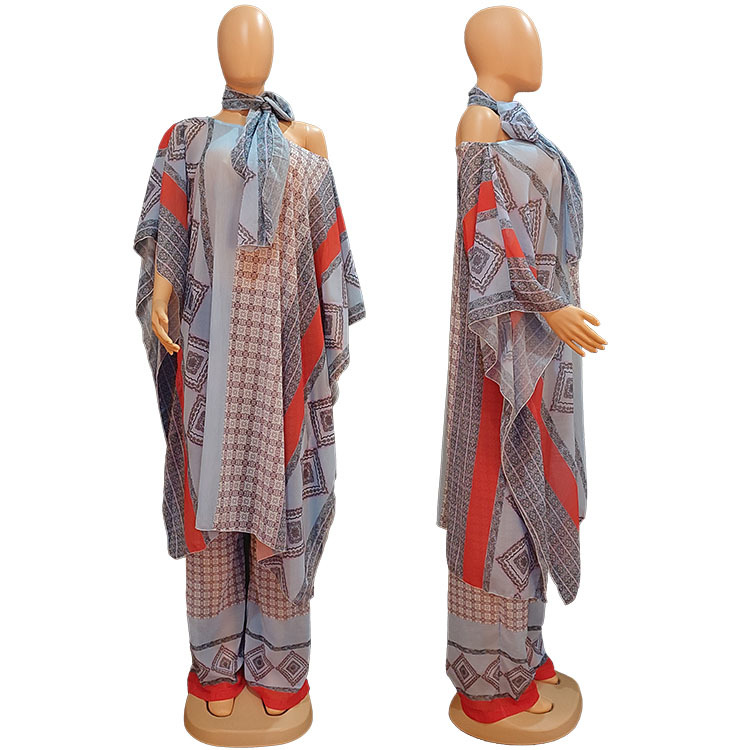 Ensemble africain 3 pièces en mousseline de soie pour femme, robe et pantalon, boubou, grande taille, imprimé dashiki traditionnel