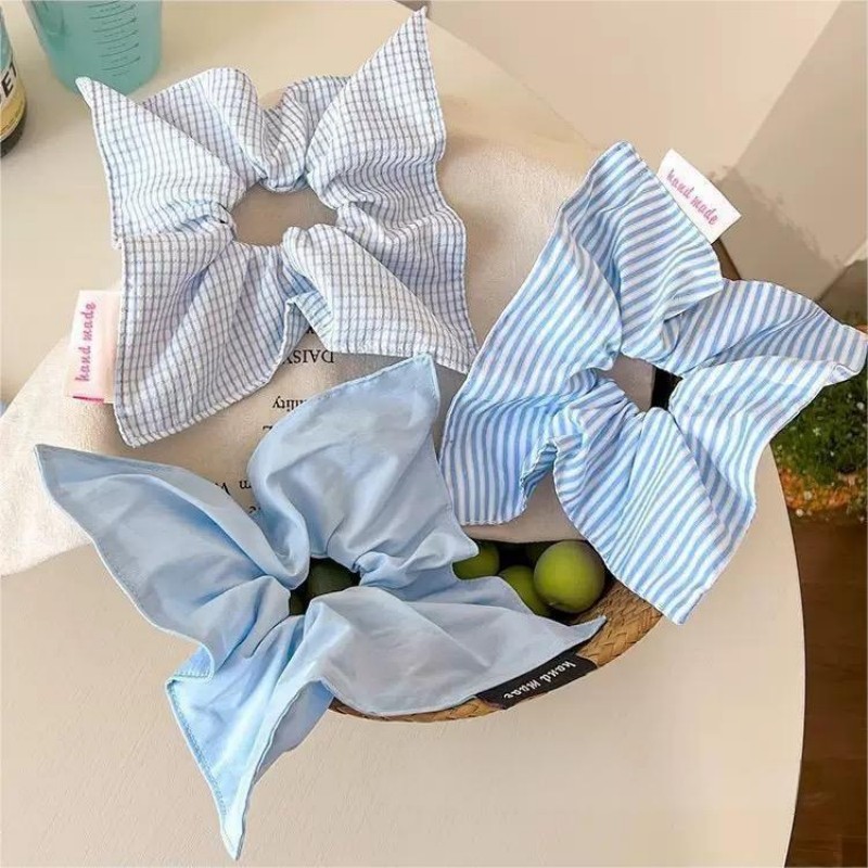 Élégant foulard carré en coton doux rayé bleu et blanc, attache-cheveux – Convient aux coiffures chignon et queue de cheval basse