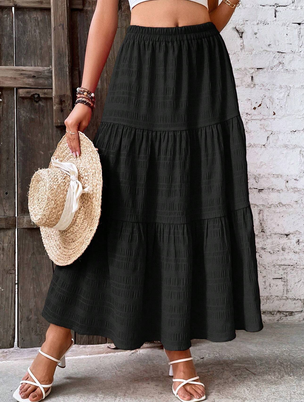 Jupe évasée texturée de couleur unie pour femmes, Style vacances, taille haute, jupe de plage florale, décontractée, ligne a, balançoire, été