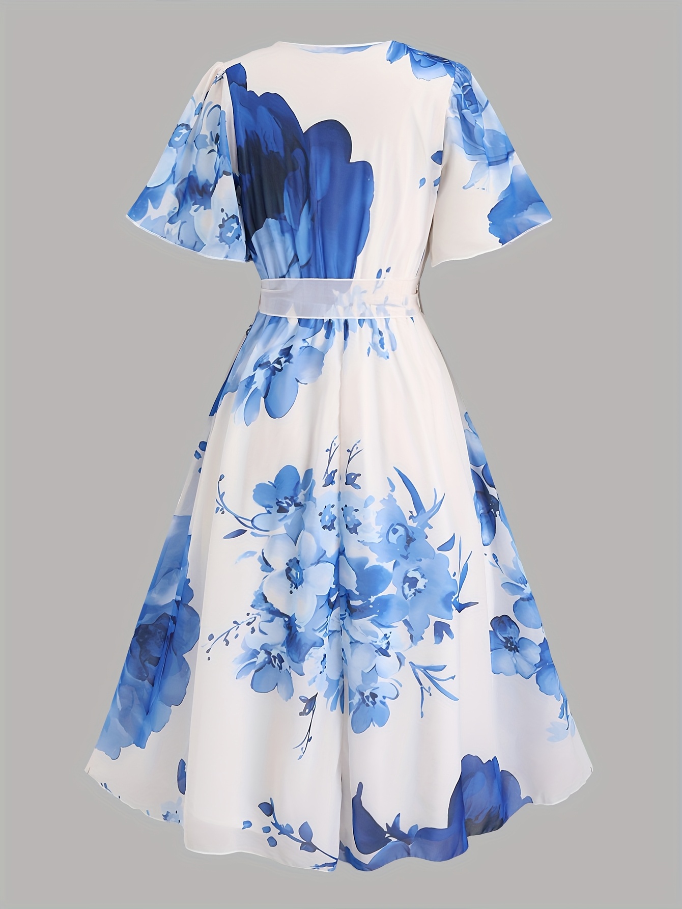 Robe mi-longue élégante et stylée à manches courtes, col en V, imprimé floral vintage, grande taille pour femme