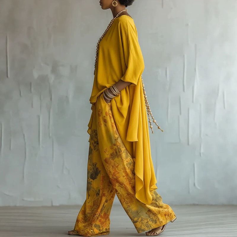 Ensemble Bohème 2 Pièces pour Femme : Haut Asymétrique Uni et Pantalon Large Imprimé Floral – Collection Printemps/Été 2026 – Tenue Décontractée Assortie