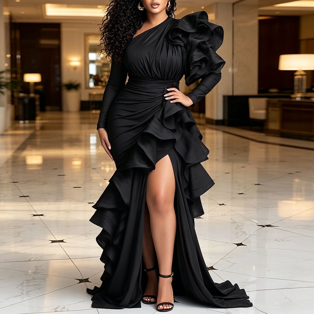 Robe de soirée maxi grande taille à une épaule pour femme, élégante, à manches longues, taille haute, à volants superposés, pour fêtes, bals et mariages