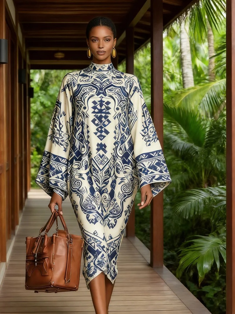 UOOZEE 2026 Nouvelle Robe de Soirée Vintage pour Femme à Imprimé Tribal, Col Montant, Manches Chauve-Souris, Coupe Ample, Élégante, pour Église, Mini-Robe