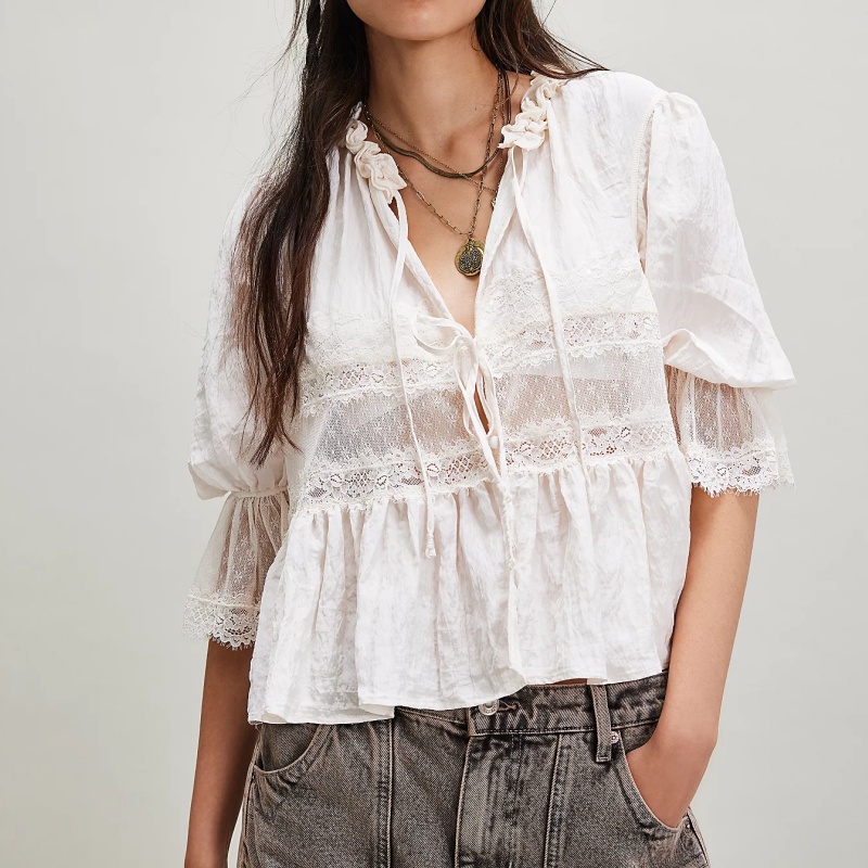 Femmes à volants nœud papillon Peplum hauts Boho pure fluide à manches courtes Blouse dentelle oeillet froufrous Babydoll t-shirts chemise Streetwear