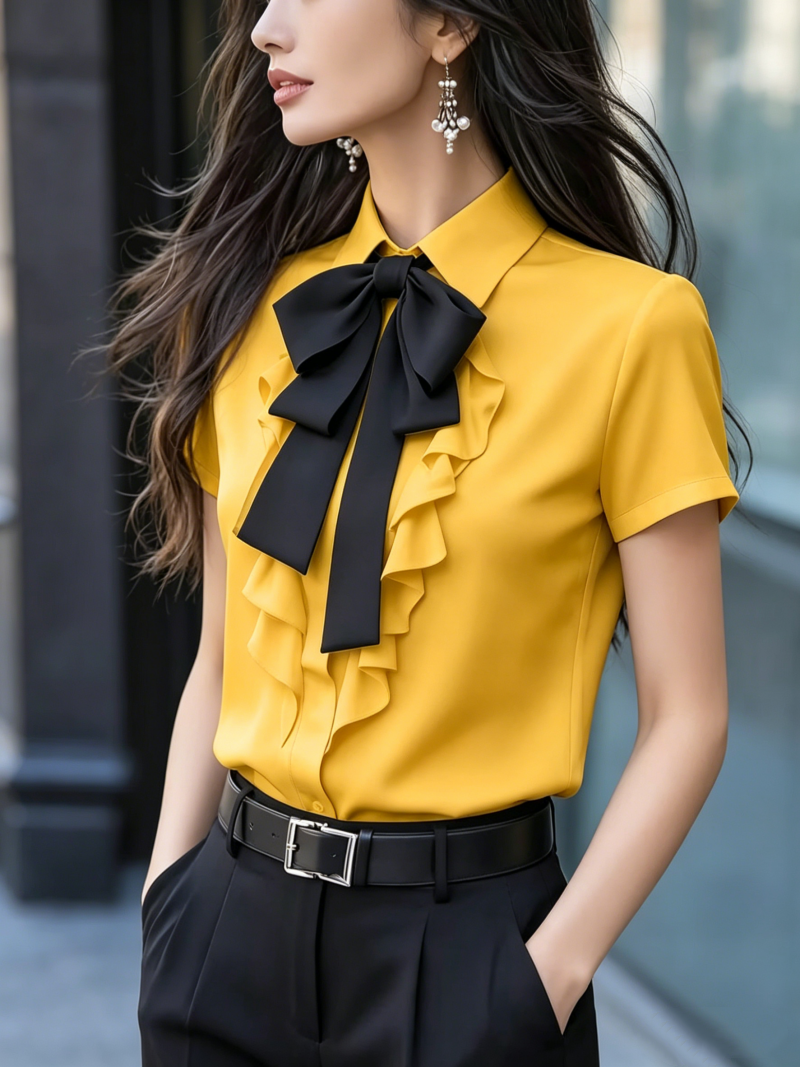 Chemisier élégant à nœud papillon et volants, manches courtes, pour femme, idéal pour le bureau ou les tenues décontractées