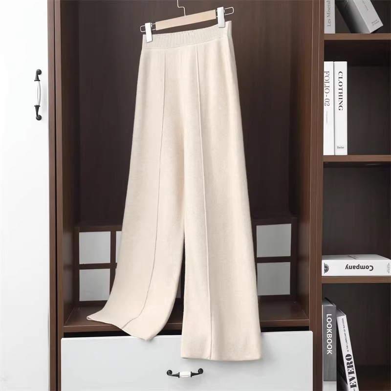 Pantalon à jambes larges pour femmes, couture moyenne, forme de jambe modifiée, ample, amincissant, tricoté, taille haute, couleur unie, 2024