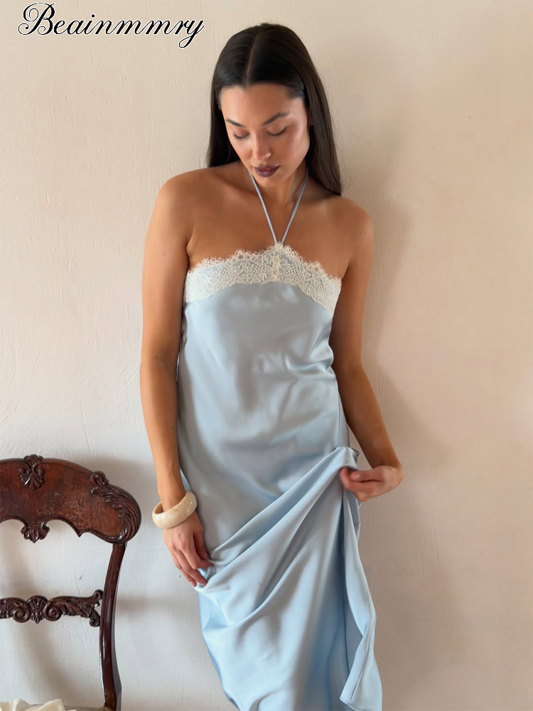 Robe en satin pour femme avec patchwork de dentelle, col licou, taille haute à lacets, dos nu, longueur midi, chic et élégante pour l'été et les soirées