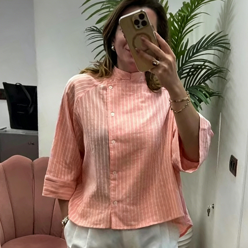 Chemises rayées roses pour femmes, été, boutons asymétriques, manches mi-longues, coupe ample, chemises décontractées, look de bureau, vintage, élégantes, hauts féminins
