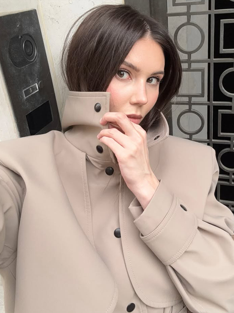 Veste-robe pour femme, col montant, manches longues, taille ceinturée, coupe courte en A, mini-robe avec poches
