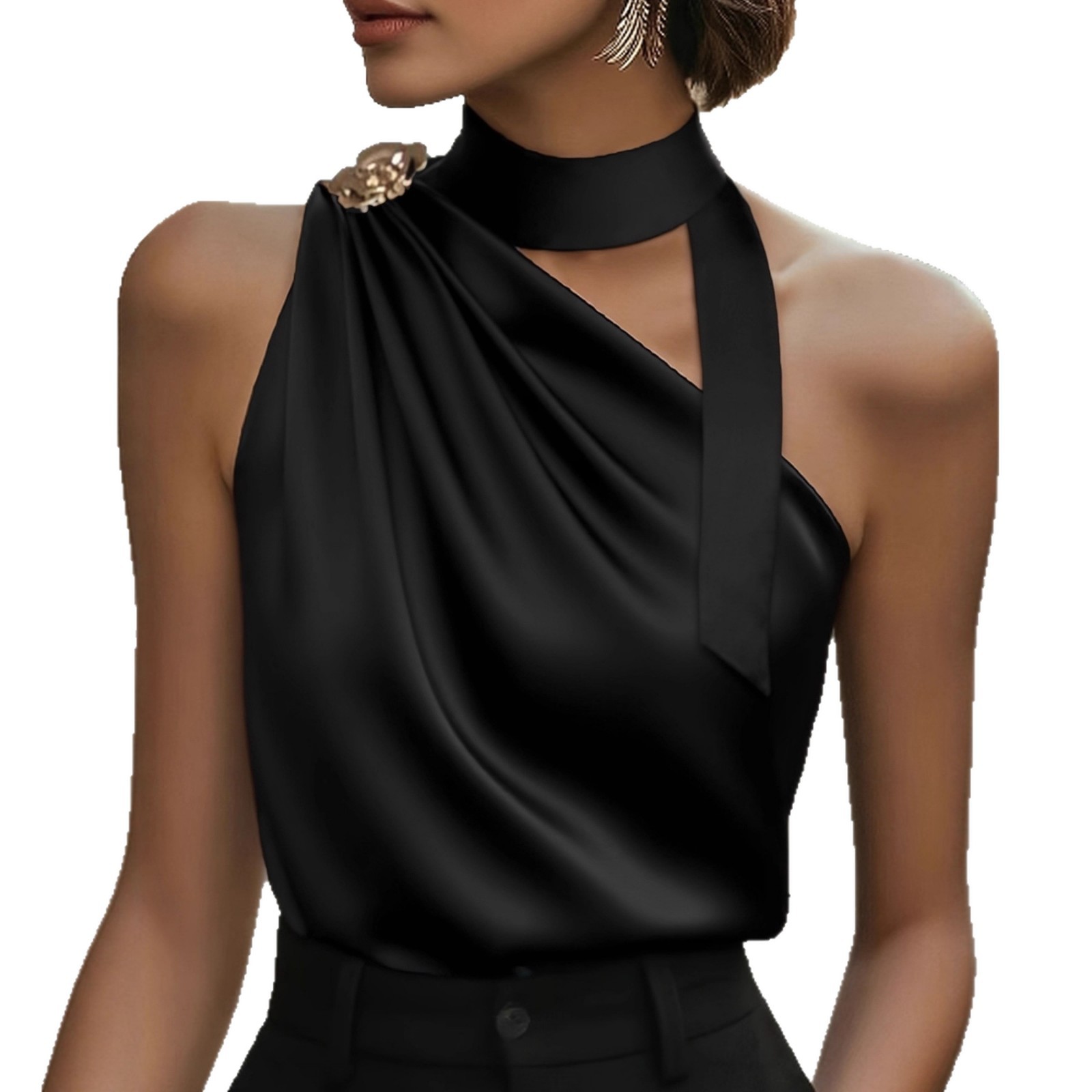 Hauts en satin d'été 2026 pour femmes, chemisiers et blouses élégants à col roulé, avec nœud et laçage, design sexy asymétrique à une épaule, débardeur sans manches