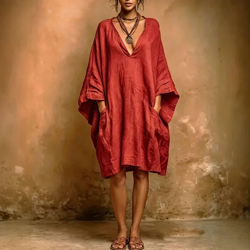 Robe ample décontractée en coton et lin pour femme, style bohème, sexy, col en V, manches chauve-souris, avec poches, printemps-été