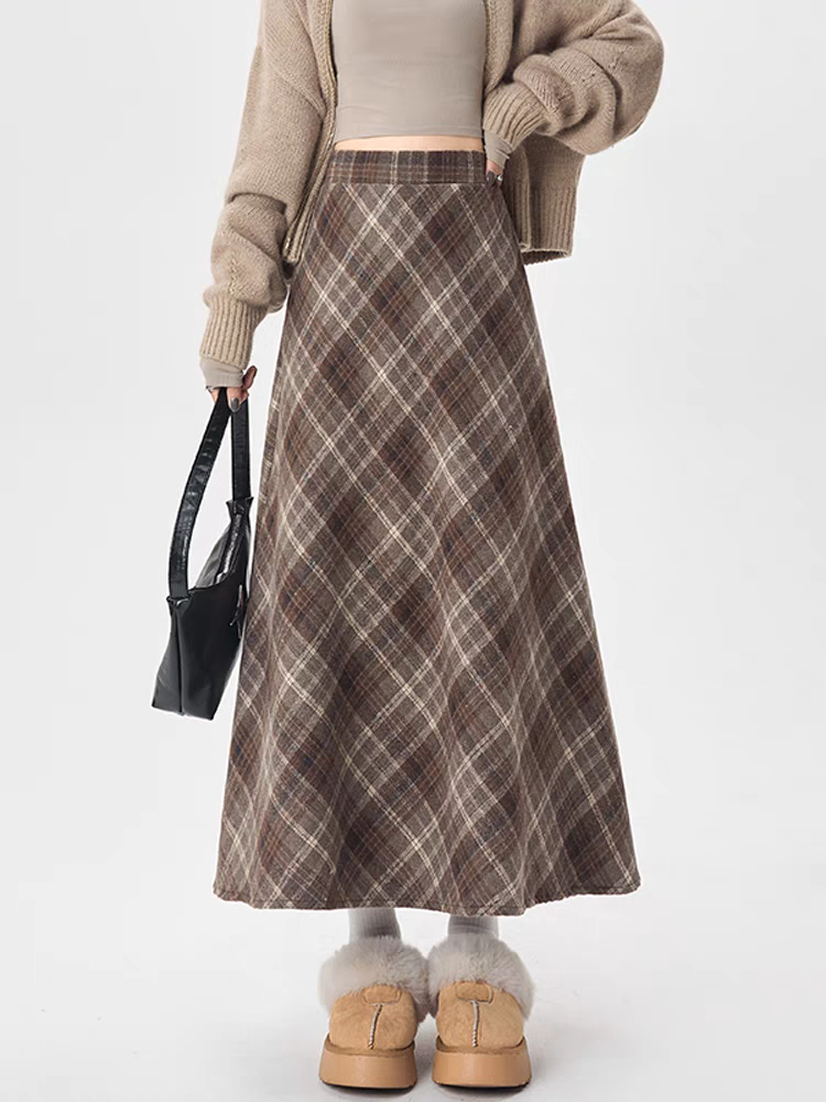 Jupe Madi trapèze à carreaux doux avec taille élastique, jupes évasées taille haute pour femmes, confort extensible, automne hiver 2025