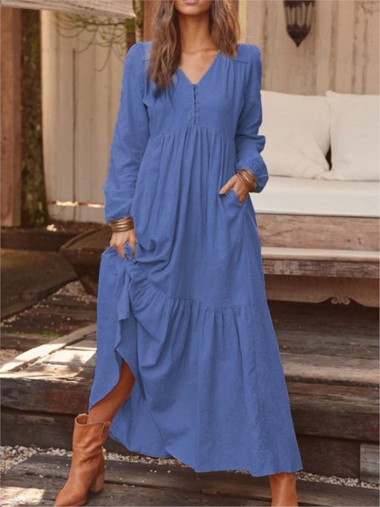 Robe longue en coton et lin pour femmes, Style Vintage, décontractée, col en V, manches longues, ample, Maxi, vêtements élégants pour femmes