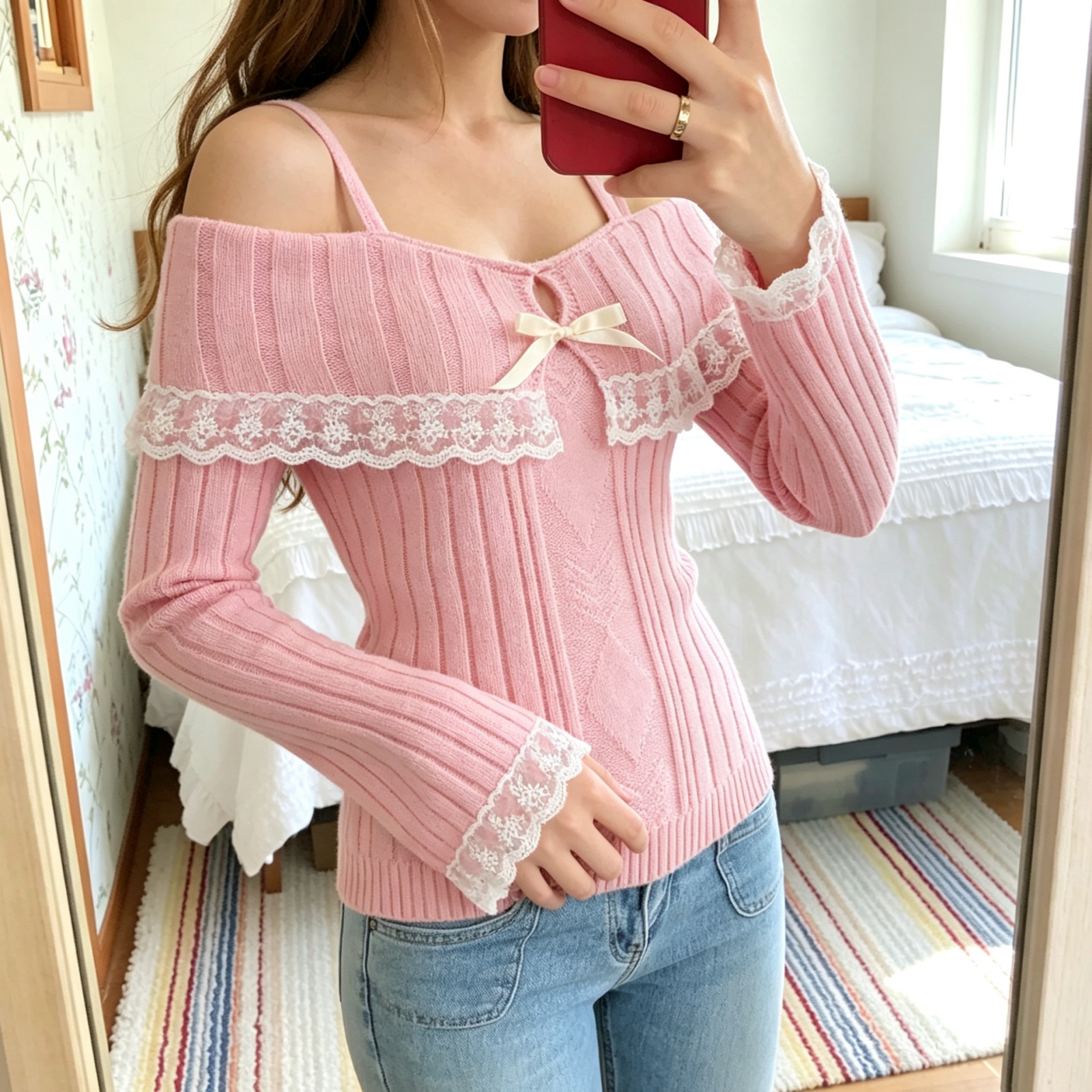 Pulls à épaules dénudées pour femmes, manches longues, garniture en dentelle, tricot, nœud sur le devant, hauts, vêtements d'automne et d'hiver Y2K