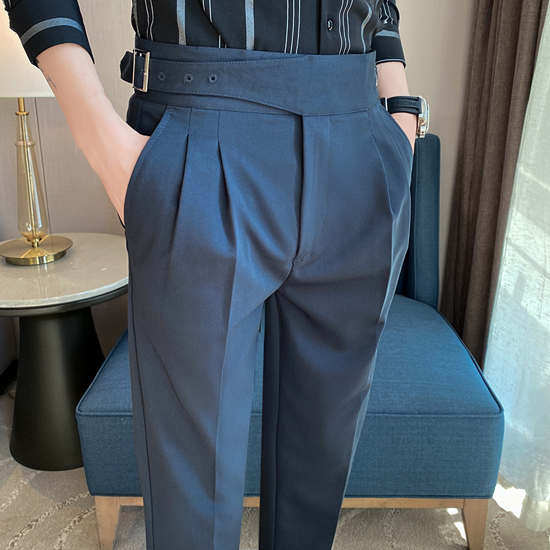 Pantalon de Costume Homme Style Britannique Taille Haute Décontracté avec Ceinture Coupe Slim pour Bureau, Soirée, Mariage et Cérémonie