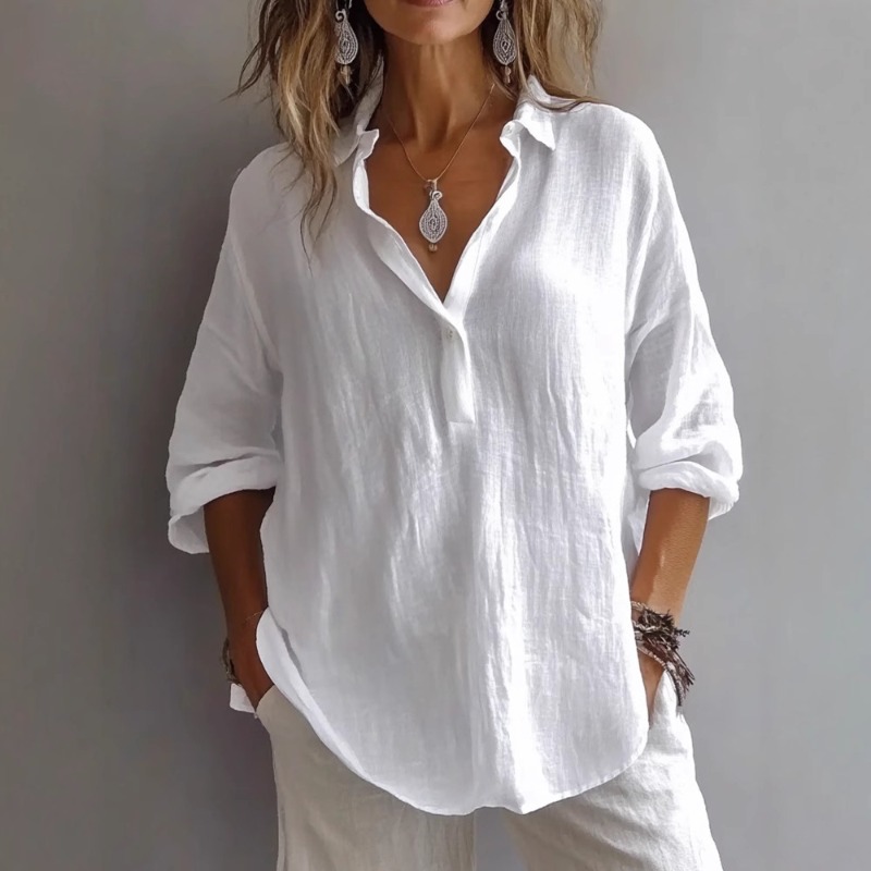 Chemisier en coton et lin pour femme, manches longues, col rabattu, couleur unie, décontracté, ample, respirant, idéal pour l'été et le bureau