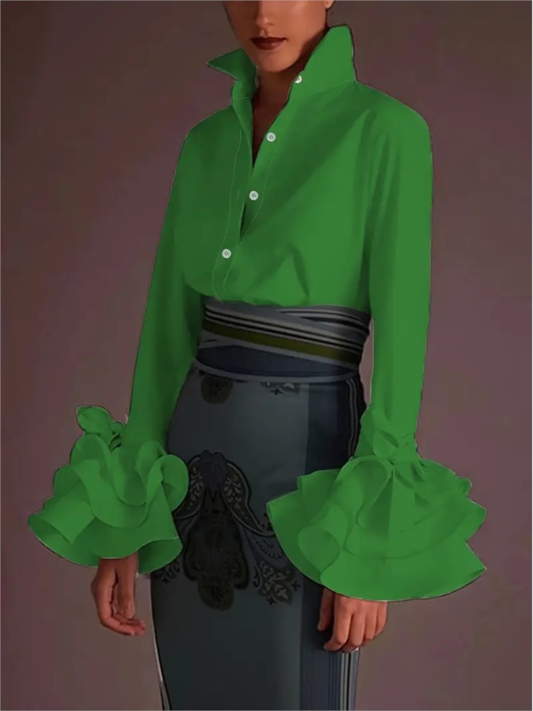 Chemises et blouses pour femmes, élégantes, manches évasées, blouses à volants, hauts, printemps, automne, décontractées, unies, chemises de bureau à col boutonné, hauts