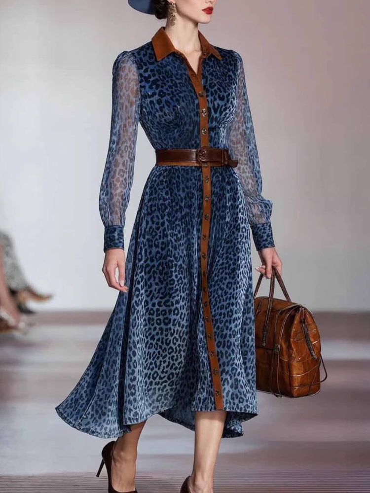 Robe élégante en maille imprimé léopard pour femmes, col à revers, simple boutonnage, Vintage, Chic, manches longues
