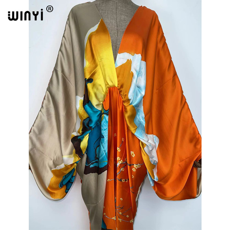 WINYI-Robe longue de plage en V profond, style bohème, kaftan, soie, rayonne, imprimé, mode 2022