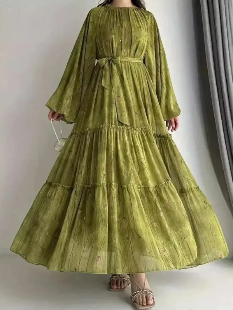 Eid Robe Abaya musulmane pour femmes imprimer ceintures en mousseline de soie Jalabiya caftan Islam arabe longue Robe Ramadan maroc Abayas tenues