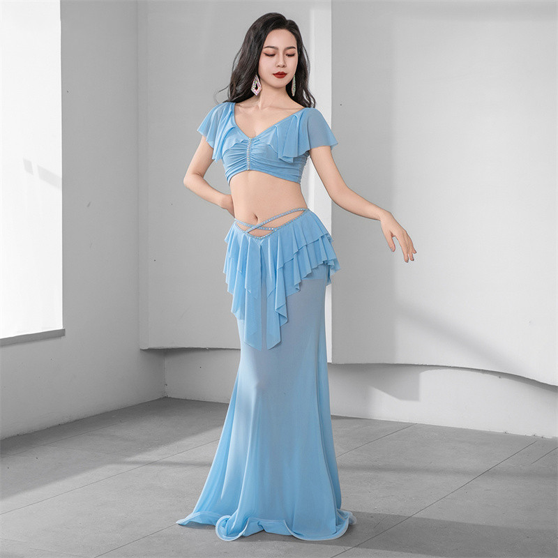 Costume de danse du ventre arabe Sexy, 2 pièces, tenue de scène en gaze pour femmes, manches courtes à volants, jupe longue en queue de poisson avec écharpe de hanche pour adultes