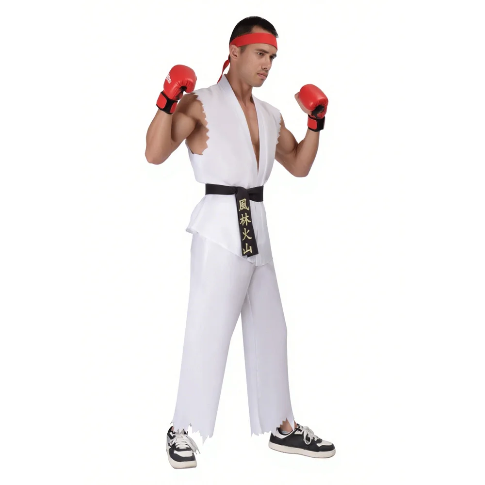 Uniforme d'arts martiaux blanc et rouge pour hommes, avec ceinture, Costume de Cosplay Ryu Ken, tenue inspirée de Street Fighter pour Halloween, mascarade, Fan