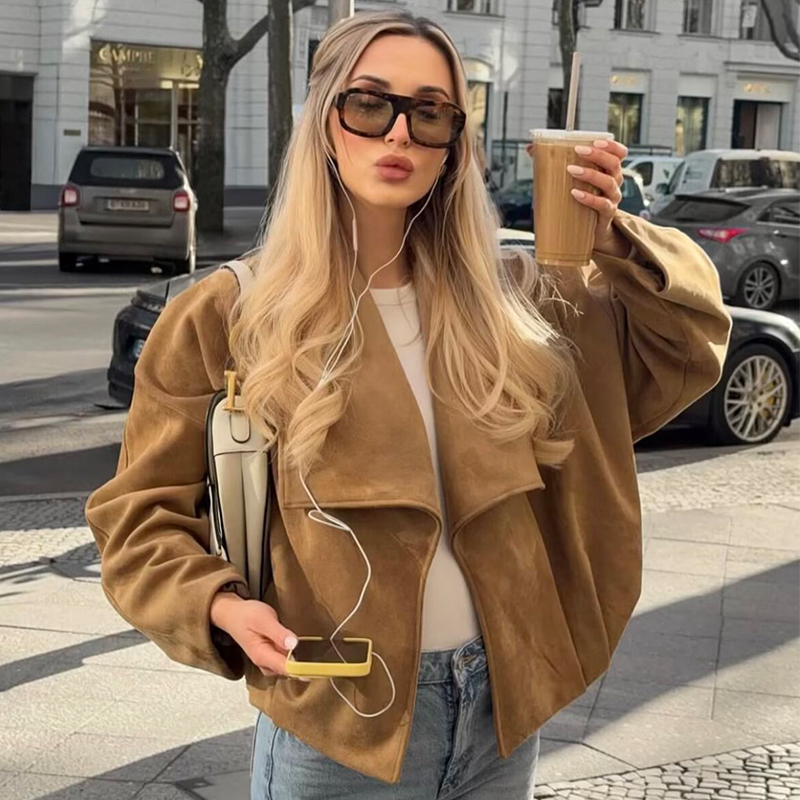 Manteau enveloppant en suède texturé pour femme, nouvelle collection printemps 2026, veste décontractée chic pour femme