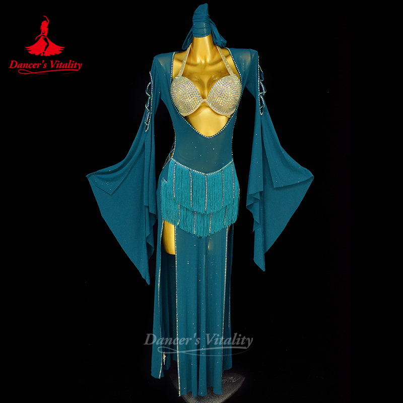 Robes de spectacle de danse du ventre pour femmes, Robe à franges Sexy + soutien-gorge + foulard en pierres AB pour personnes âgées, 3 pièces, tenue Shaabi Balady Saidy pour adultes