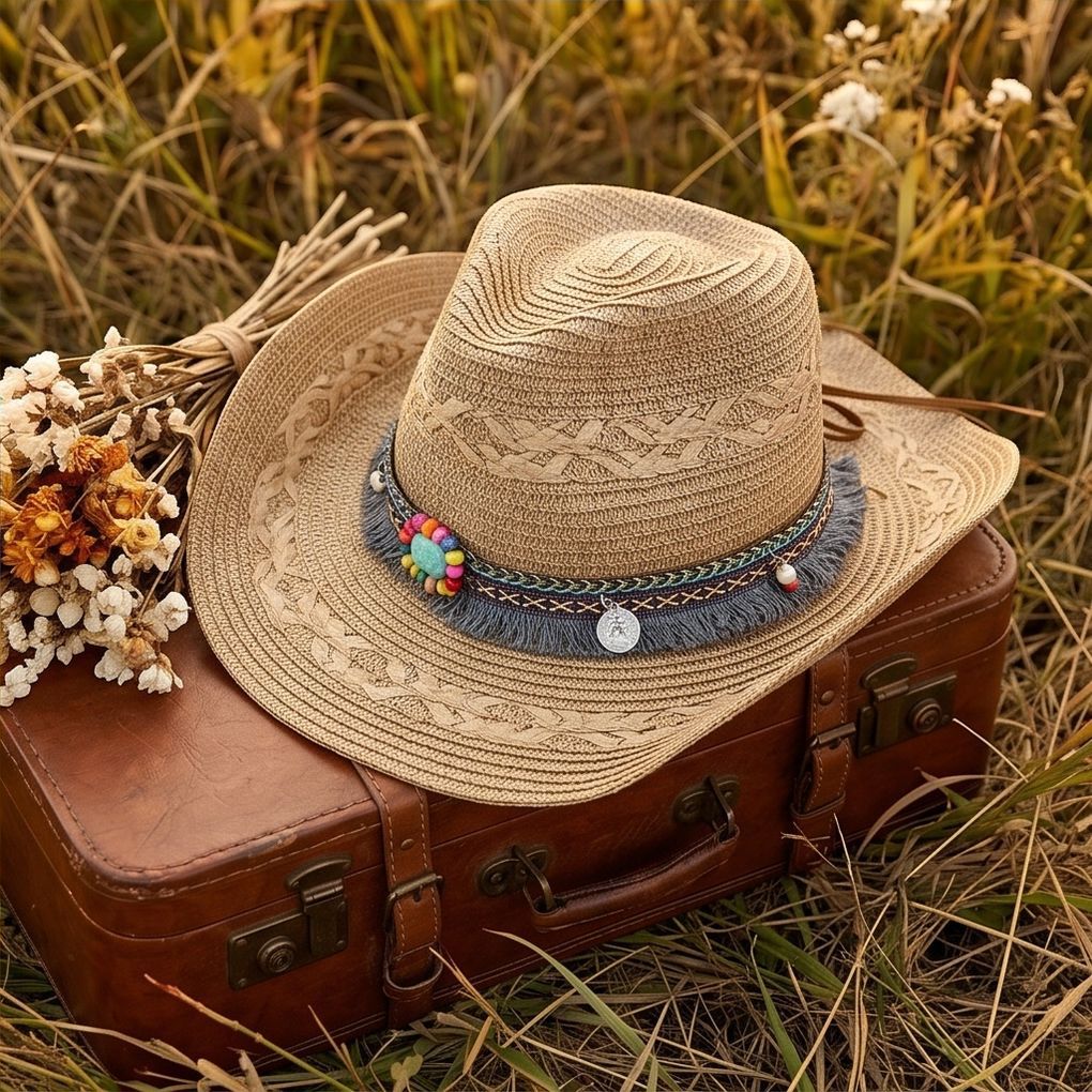 Chapeau de paille tressé style ethnique western à large bord pour la protection solaire estivale, idéal pour les sorties quotidiennes et les vacances à la plage