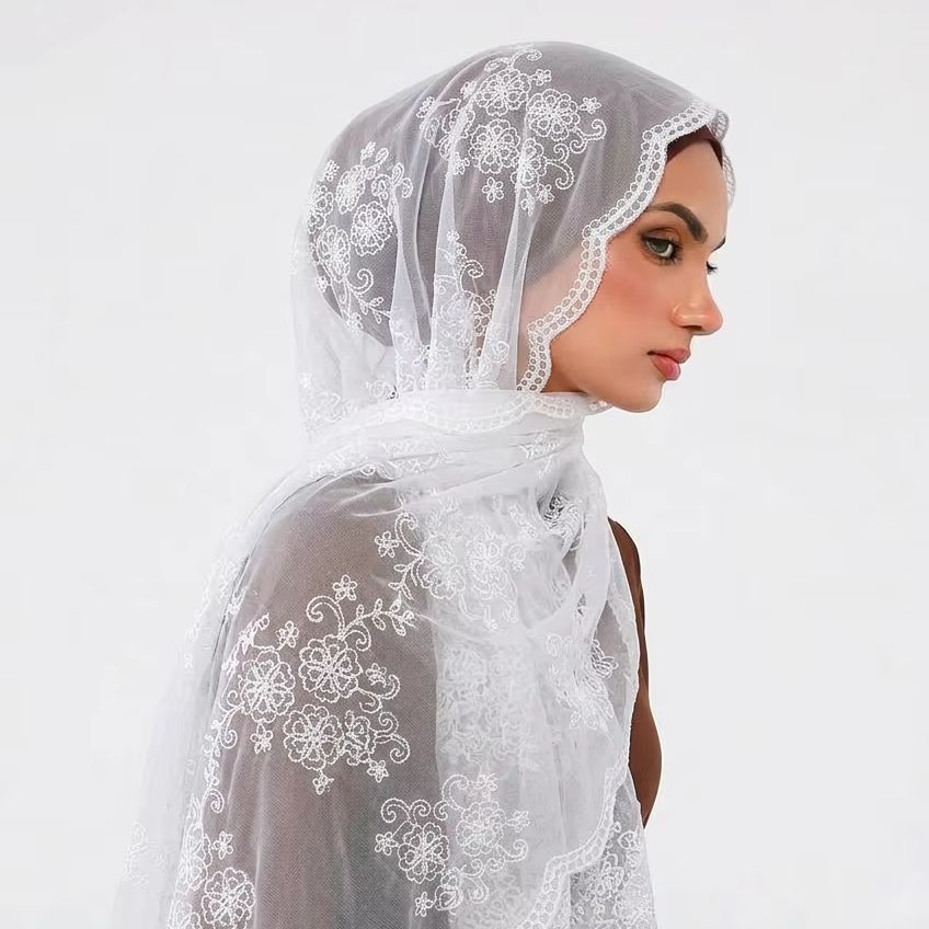 Élégant foulard en dentelle brodée de fleurs pour femme, châle long léger, écharpe respirante à bords ondulés, protection solaire, 180*60cm