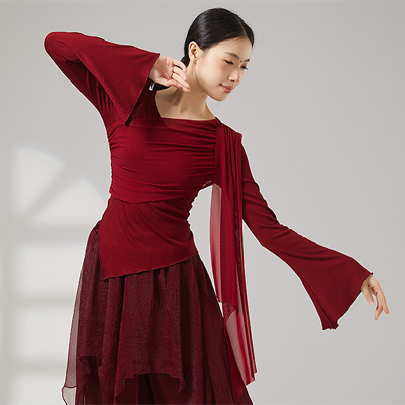 Costume de danse moderne pour femmes, haut à manches en maille évasée, chemise fluide en Tulle épissure, ourlet irrégulier, vêtements d'entraînement quotidien, t-shirt Chic de Yoga sur scène