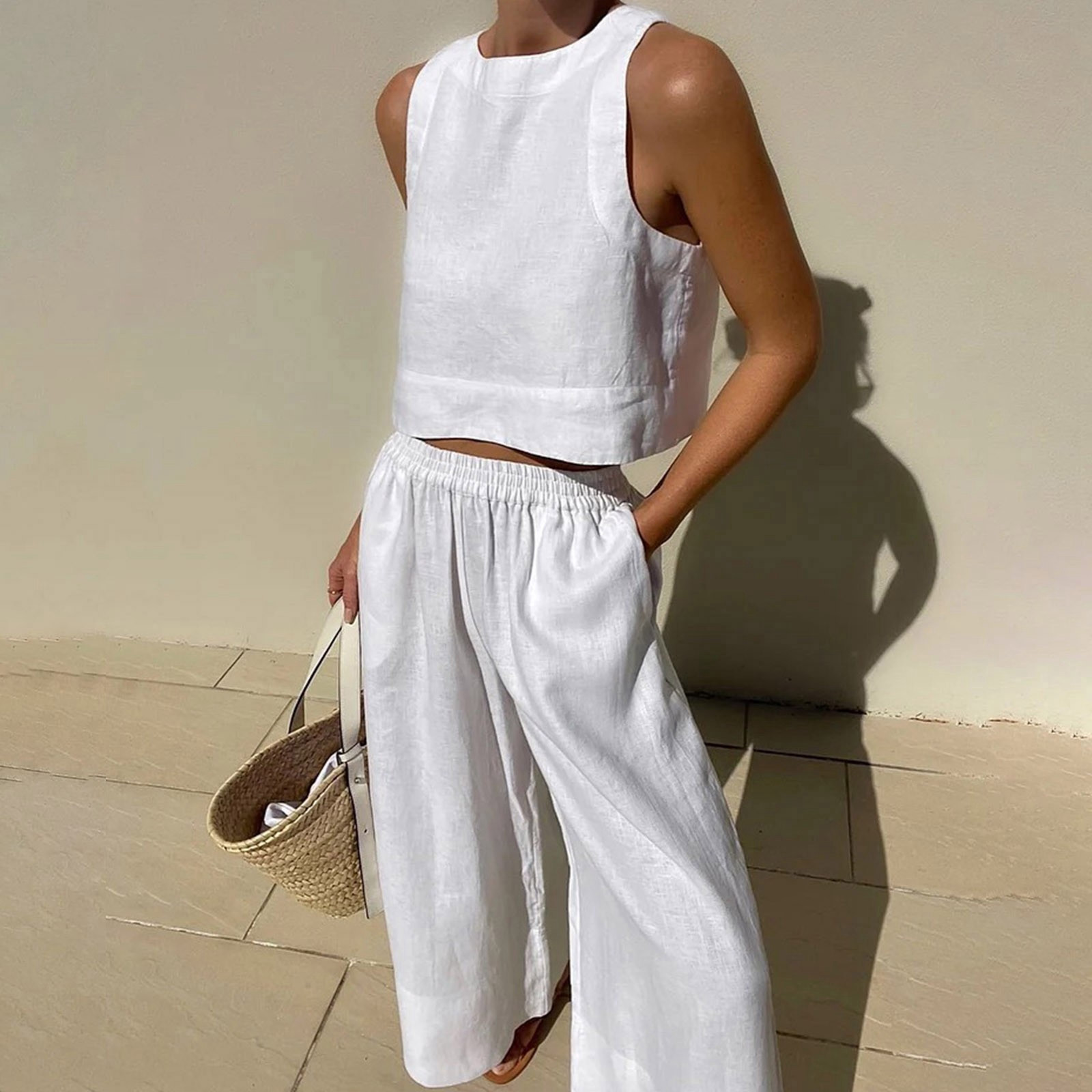 Mode dames pantalons longs 2 pièces ensembles femmes décontracté grand costume ample solide sans manches chemise et pantalon deux femmes costume