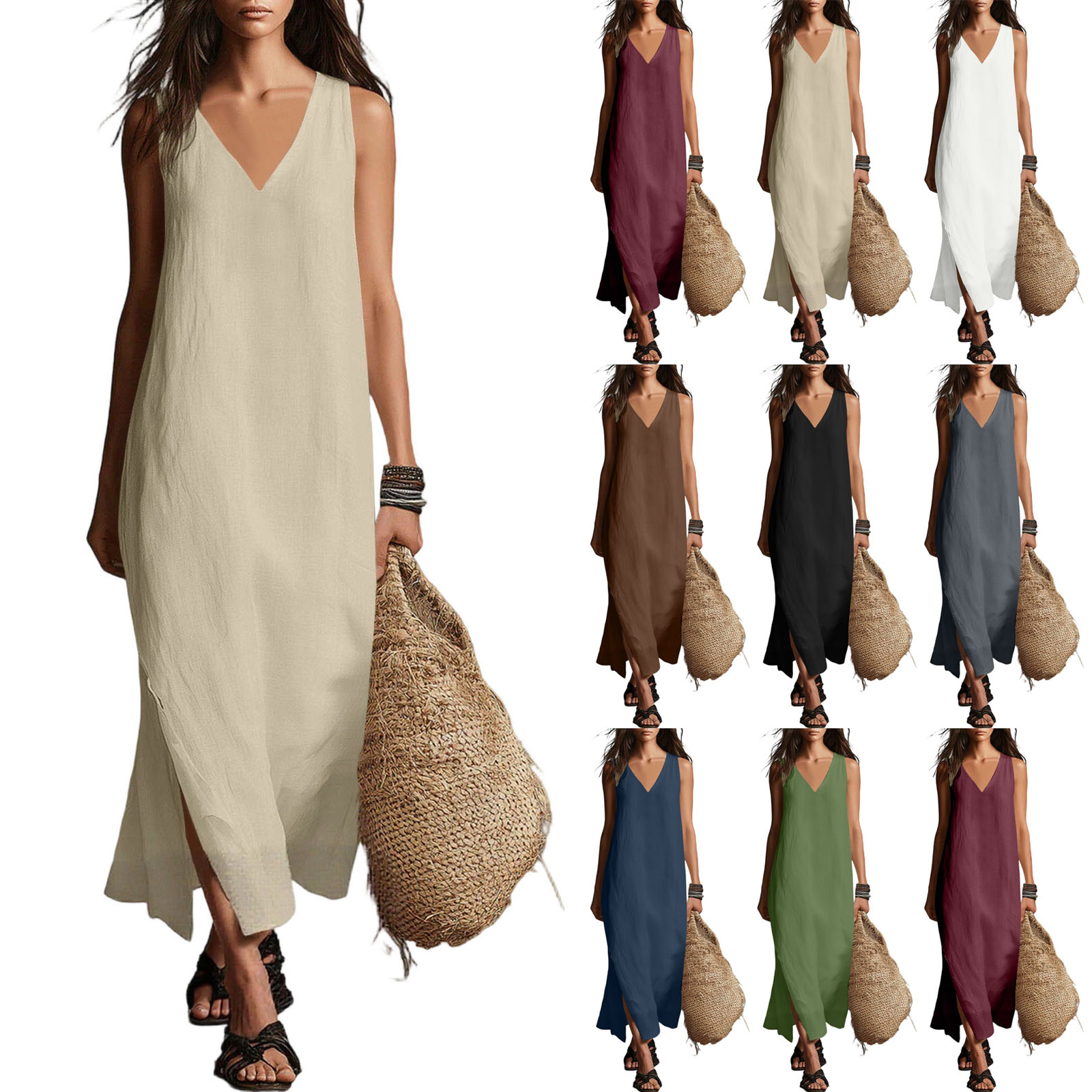 Nouvelle Robe Longue en Coton et Lin pour Femme, Col en V, Sans Manches, Légère, Robe de Plage, Robe Maxi Fendue, Robe Débardeur Unie pour l'Été