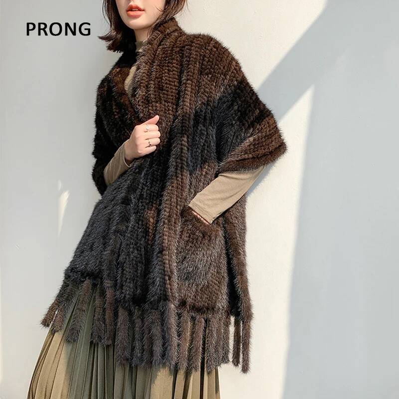 Écharpe en Fourrure de Vison group pour Femme, Style Long, Châles à Franges Naturelles, Pashmina Chaud pour l'Hiver
