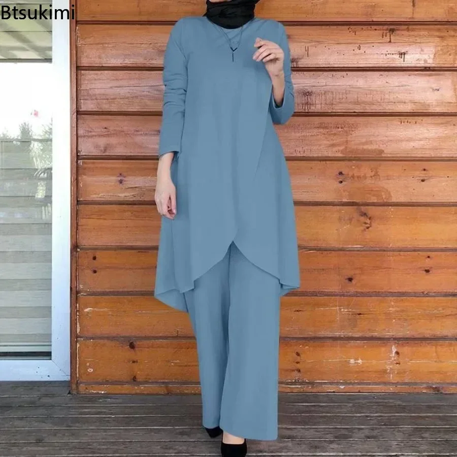 Ensembles musulmans pour femmes, chemisier asymétrique à la mode avec pantalon à jambes larges, costumes décontractés, dubaï, turquie, ensembles assortis, tenues pour dames, 2026