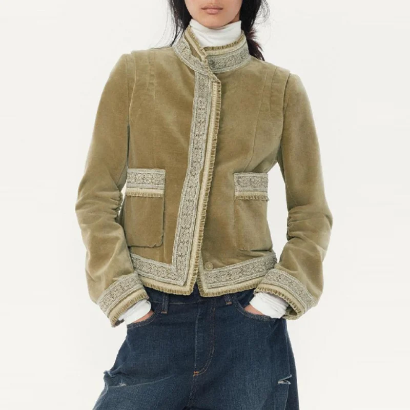 Vintage Patch poche veste dentelle Chic à la mode rétro Designers vêtements de dessus pour femmes femmes automne Boho chaud Streetwear