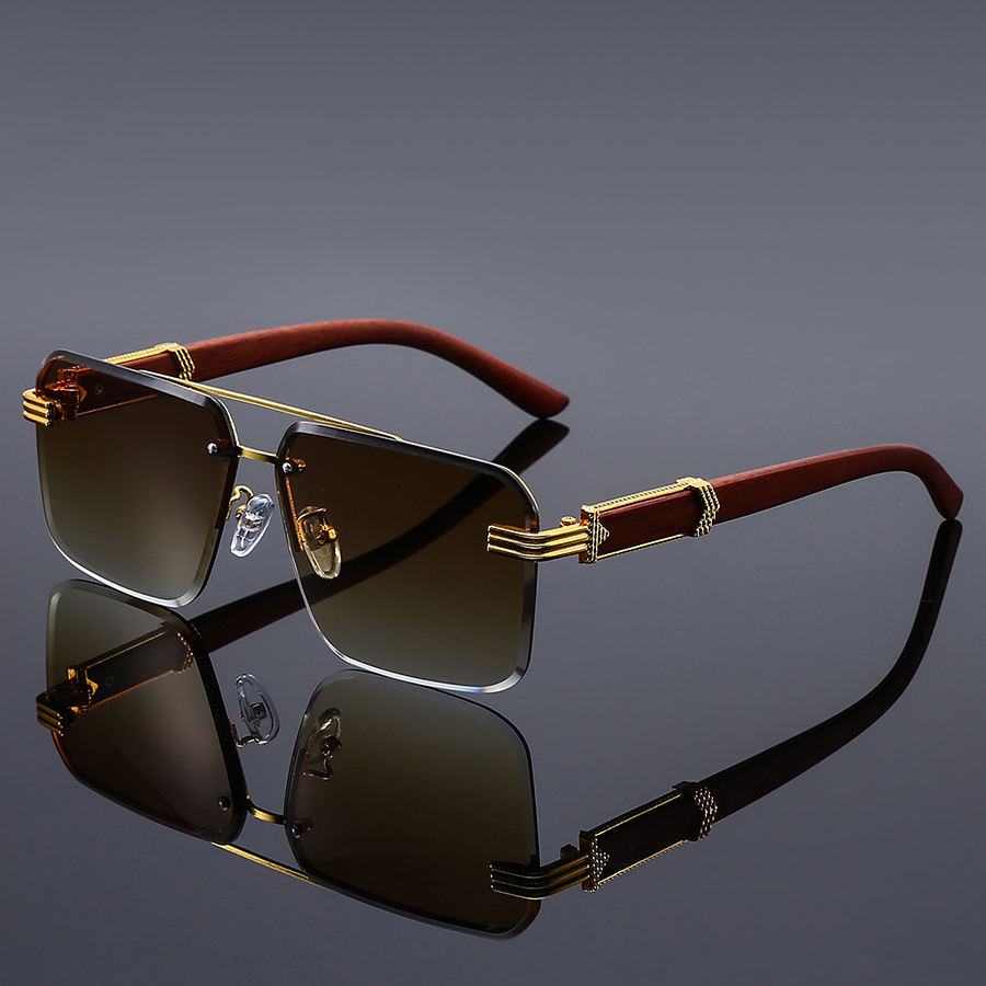 Lunettes de soleil carrées sans monture de luxe pour hommes – Monture dorée avec branches couleur bois, lunettes rétro style business et streetwear pour les passionnés de mode