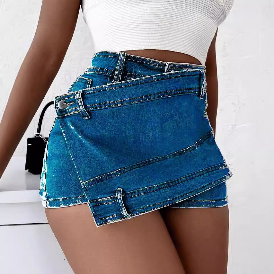 Jupe-short en jean délavé vintage pour femme, taille haute, design asymétrique, mini-jupe avec short intégré pour tenues quotidiennes
