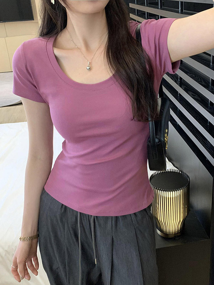 2025 été décontracté coton t-shirt pour femmes à manches courtes t-shirts mode femmes vêtements mince basique col rond Y2K t-shirt Femme