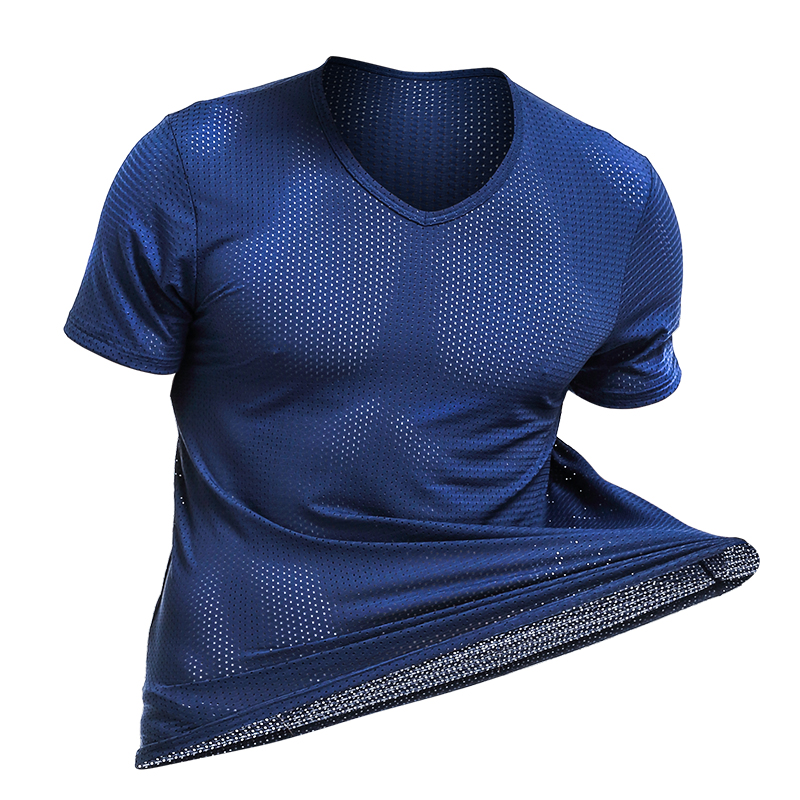 T-shirt en maille de soie glacée pour hommes, maille respirante avec tissu perforé, sport et fitness