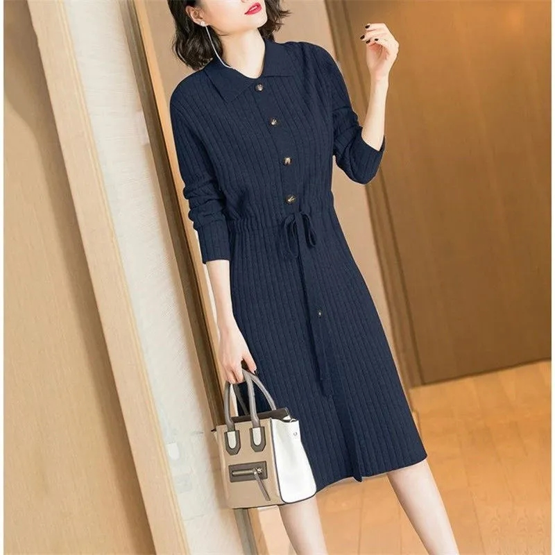 Robe pull ample en maille avec lacets, nouvelle collection printemps 2026, taille XXXL, haut de gamme, col rabattu, robe longue tricotée pour femme, robe d'automne