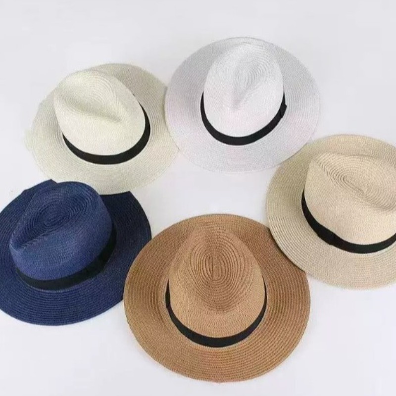 Chapeau de soleil jazz à large bord pour homme, chapeau Panama en paille dense avec ruban noir XKTYM07