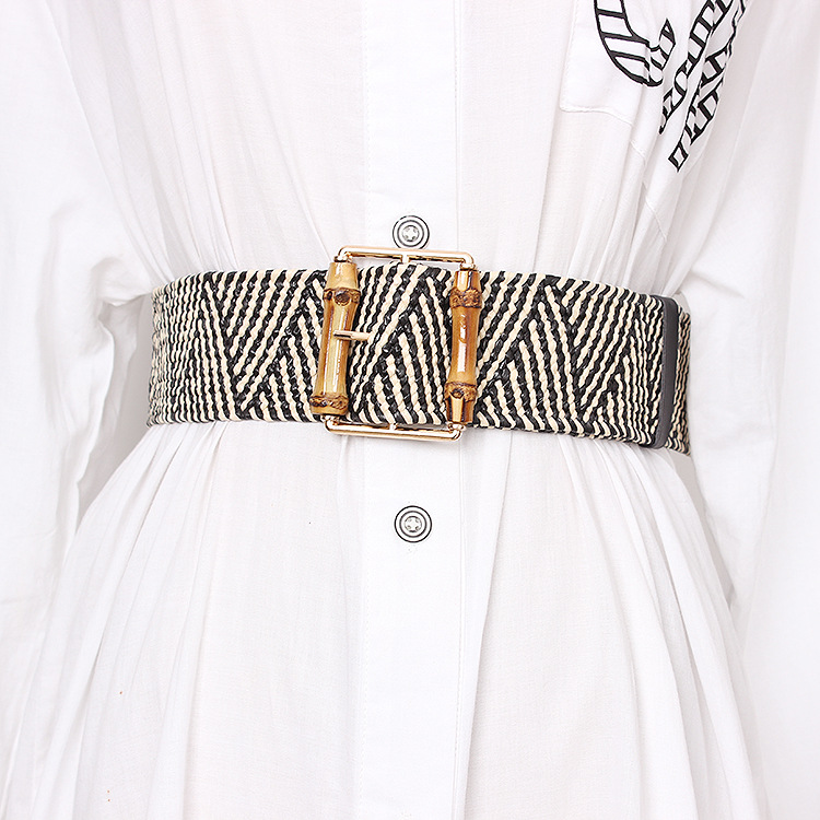 Nouveau tissage élastique femmes ceinture marque de haute qualité bohème bambou aiguille boucle herbe tricot robe Cintos blanc cassé ceinture