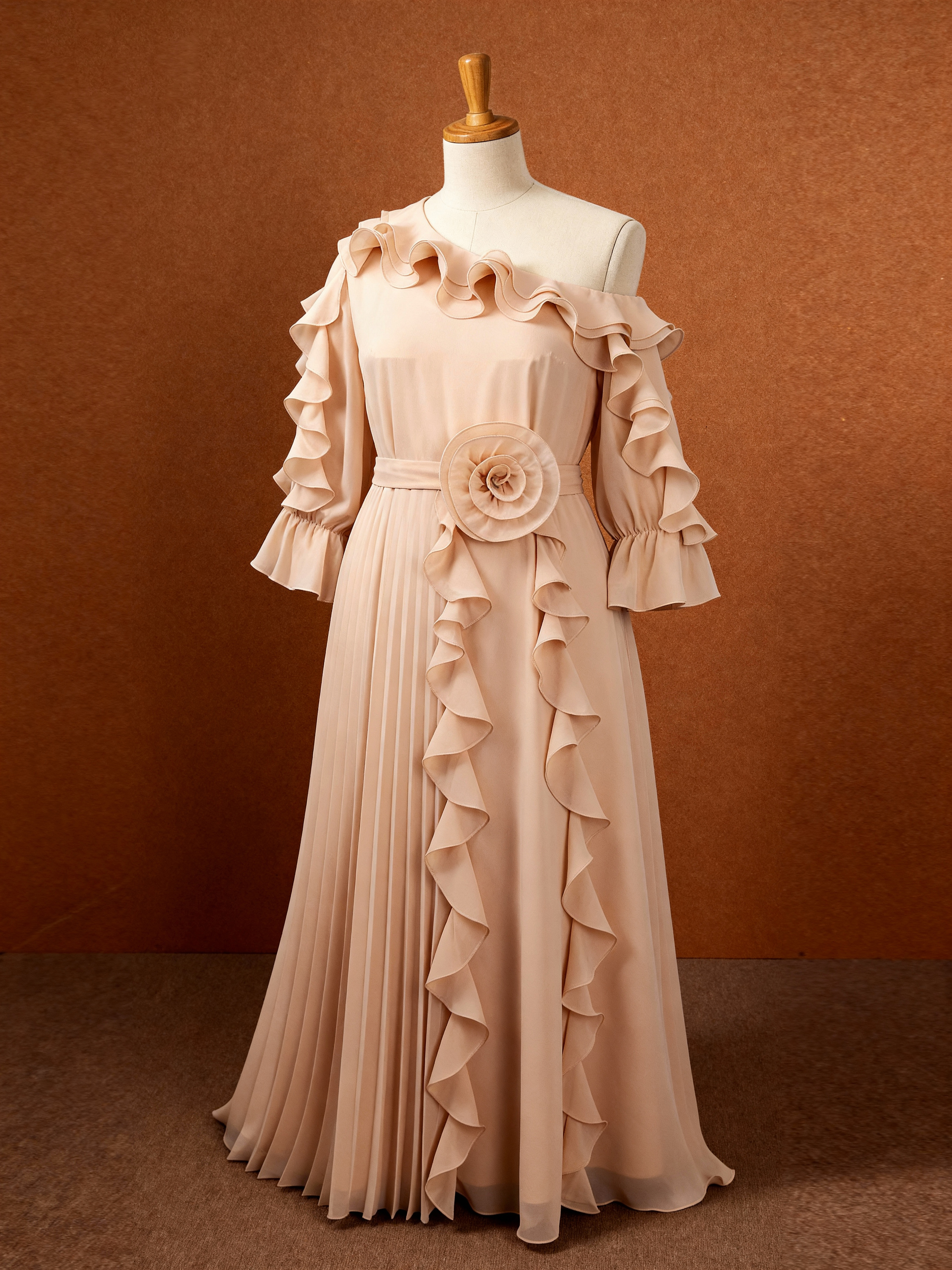 Nouvelle Robe en Chiffon Coupe Trapèze pour Femme Africaine, Épaule Unique, Manches Bouffantes, Volants Plissés, Superposée, Fleurs 3D, pour Invitée de Mariage, Occasion Spéciale, Événement