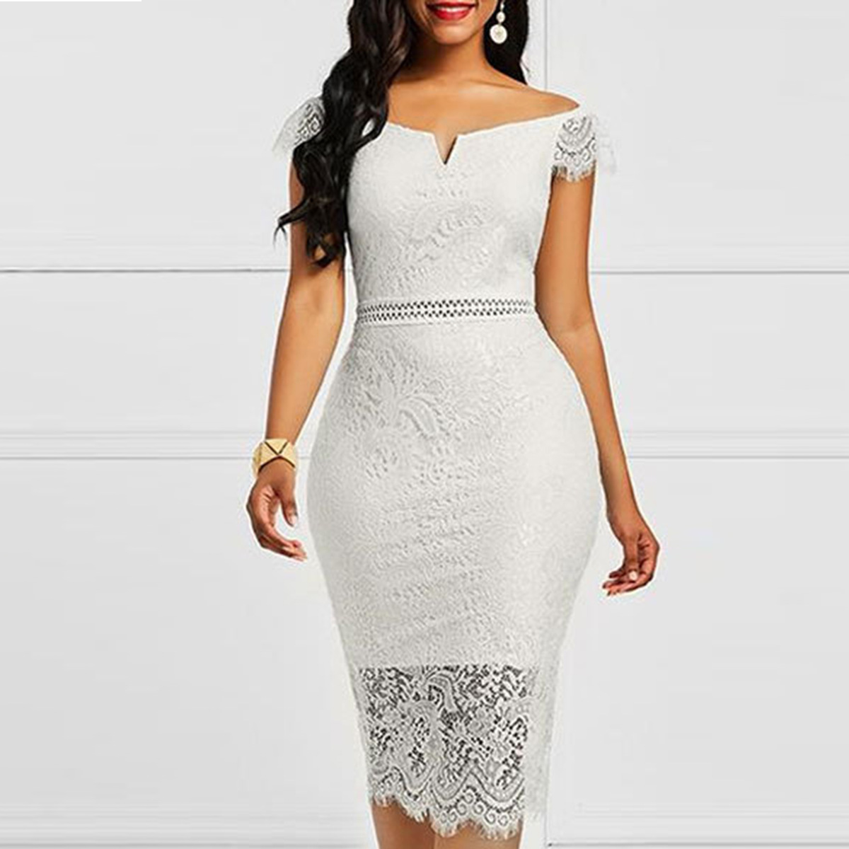 Robe d'été sexy pour femmes à manches courtes et col en V en dentelle, robe décontractée pour femmes, robe ajustée tendance